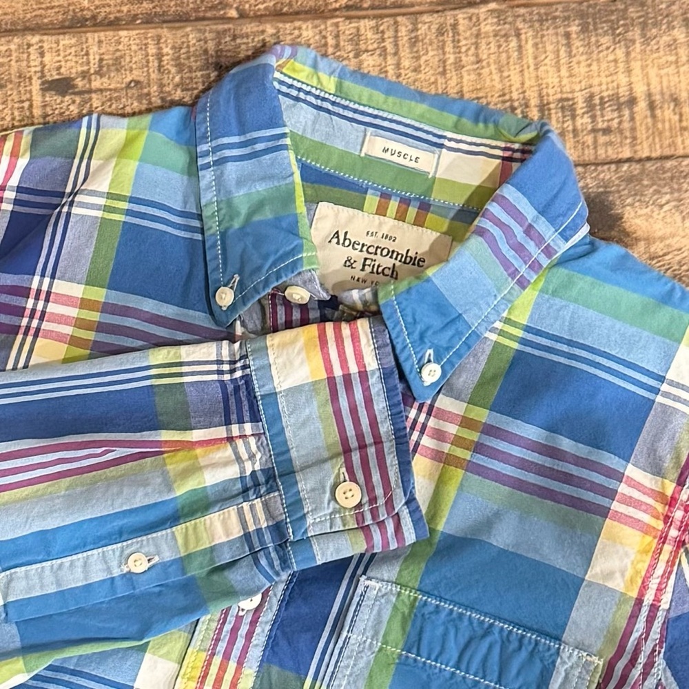 Y2K Abercrombie & Fitch XL Button Down Blue Plaid Muscle 100% Cotton Men Vintage